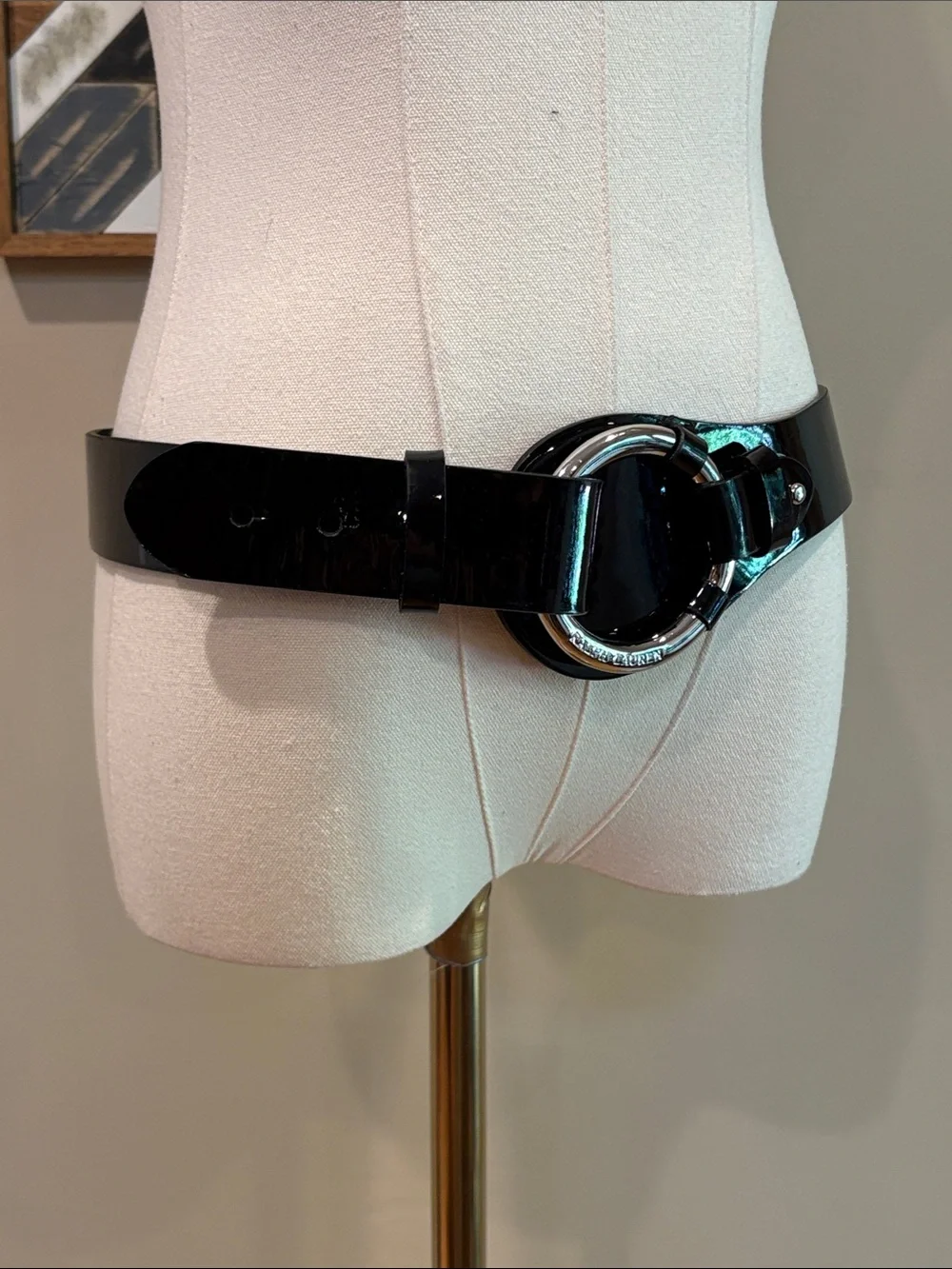 Vintage Ralph Lauren Equestrian Black Patent Leather Wide O-Ring Belt size Large